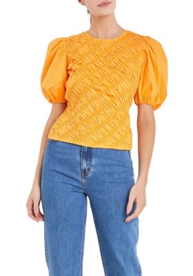 ENGLISH FACTORY Women's Asymmetrical Smocked Top, Orange, Large
