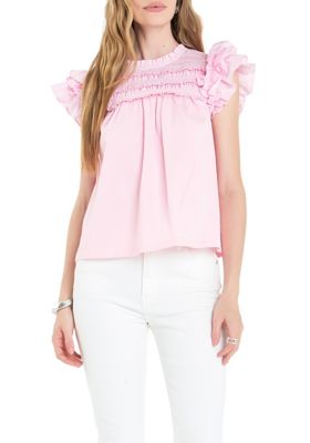 ENGLISH FACTORY Women's Mix Media Ruffle Top, Pink, Large