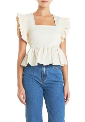 ENGLISH FACTORY Women's Square Neckline Ruffled Top, Large