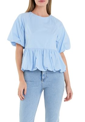 ENGLISH FACTORY Women's Balloon Poplin Top, Blue, Medium