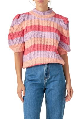 ENGLISH FACTORY Women's Stripe Mockneck Sweater, Red, Small