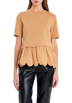 ENGLISH FACTORY Women's Mixed Media Scallop Detail T-shirt, Tan, Large