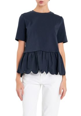 ENGLISH FACTORY Women's Mixed Media Scallop Detail T-shirt, Navy Blue, Medium
