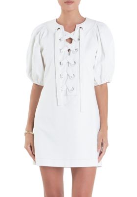 ENGLISH FACTORY Women's Laced Up Puffed Sleeve Mini Dress, White, Small