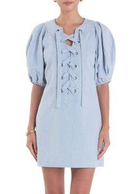 ENGLISH FACTORY Women's Laced Up Puffed Sleeve Mini Dress, Blue, Large
