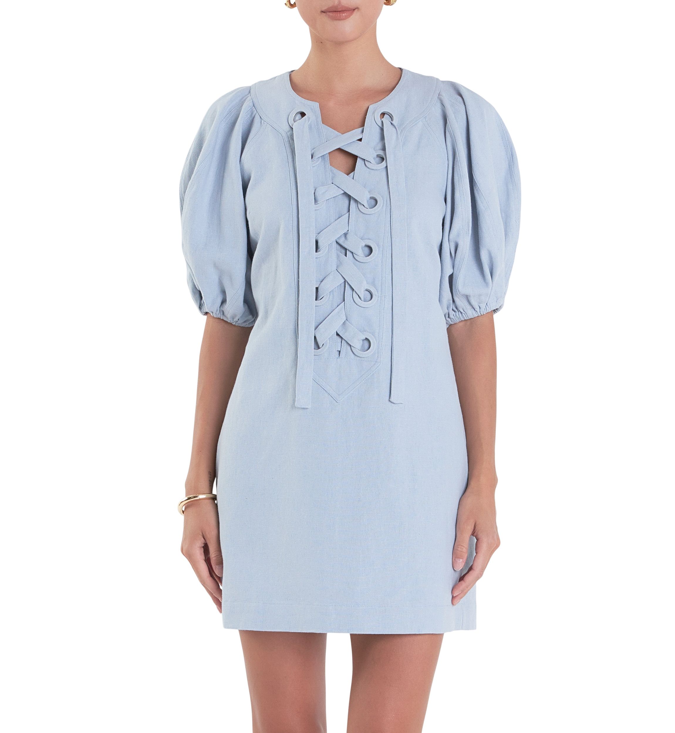 Laced Up Puffed Sleeve Mini Dress