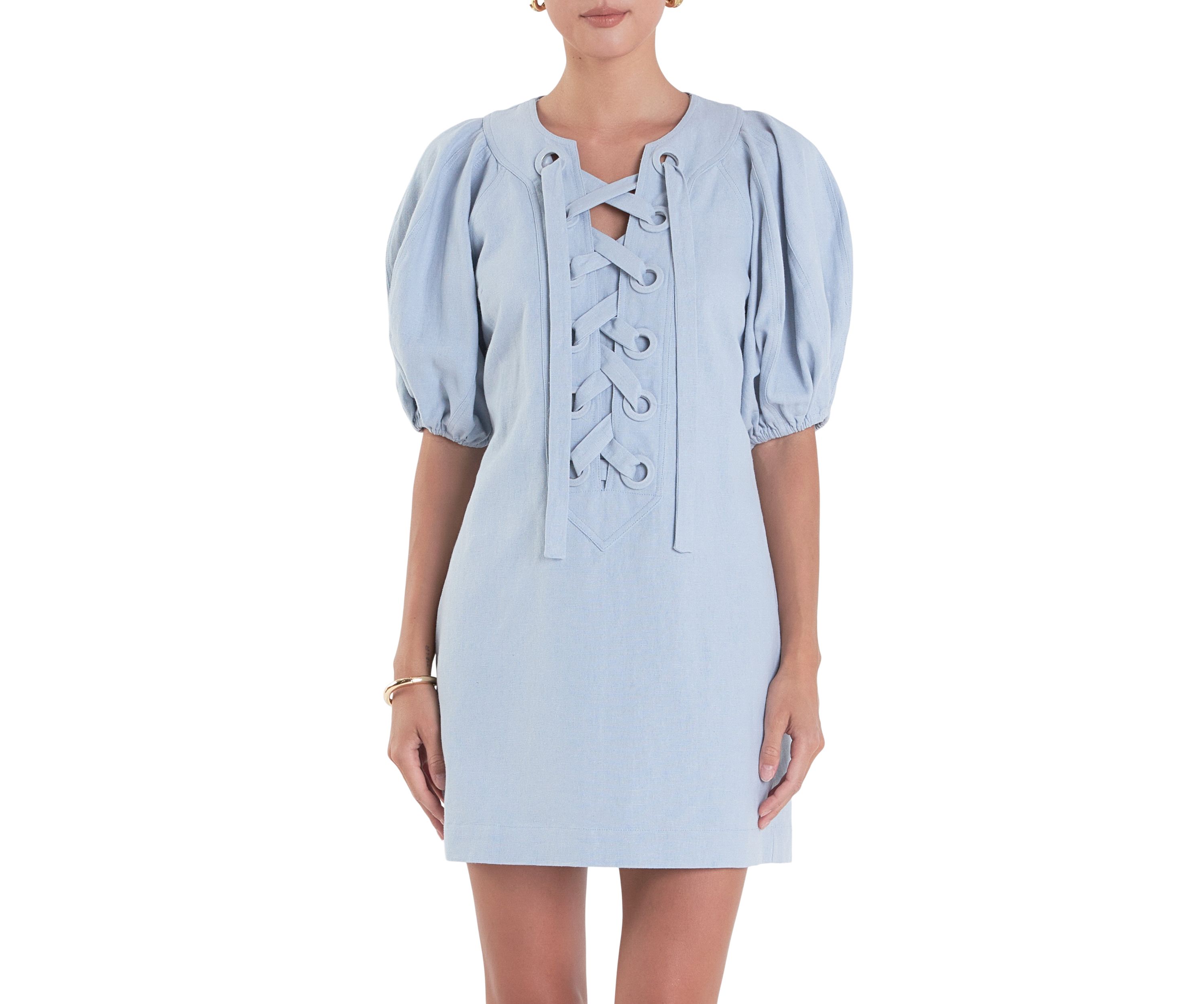 Laced Up Puffed Sleeve Mini Dress