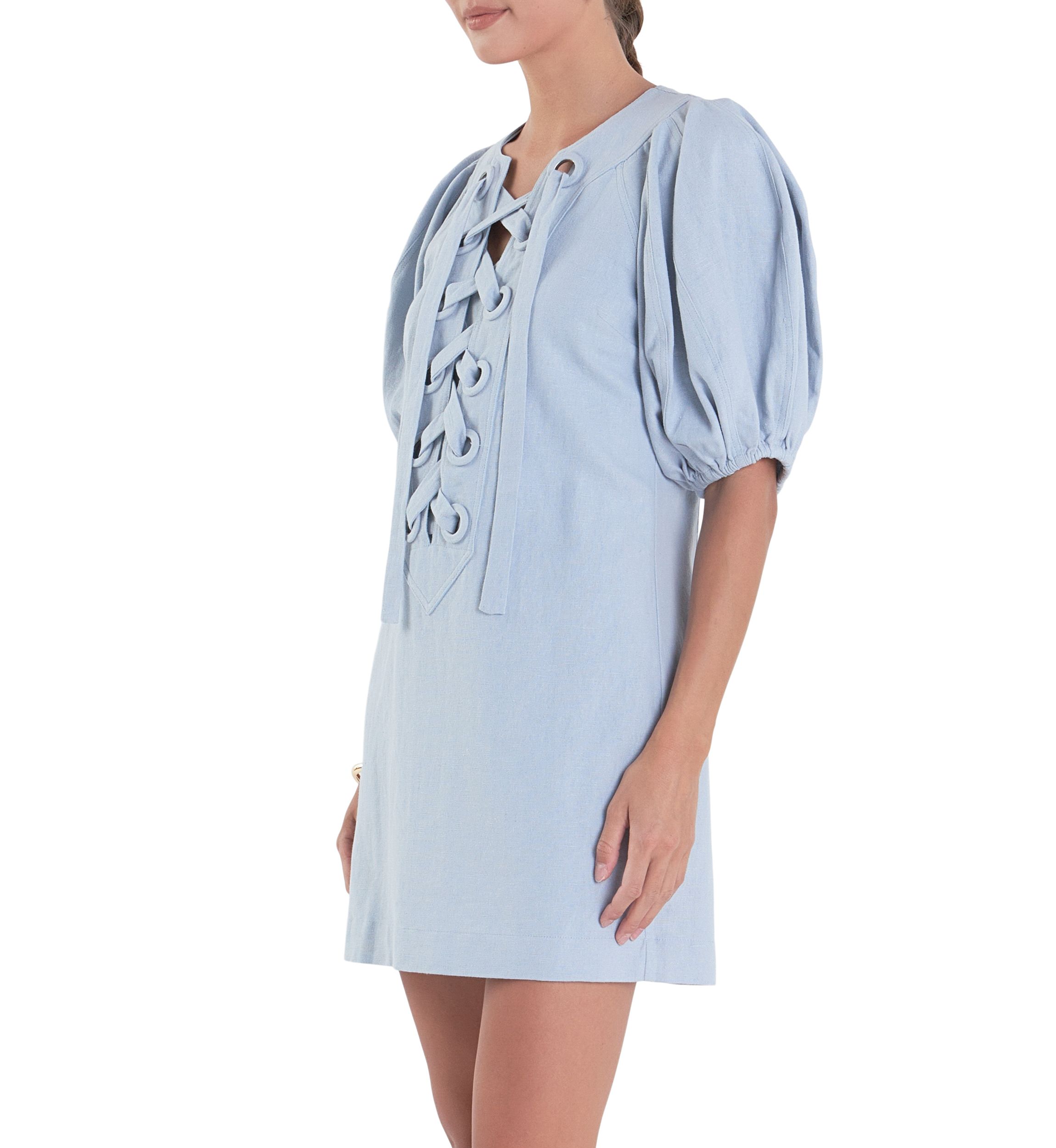 Laced Up Puffed Sleeve Mini Dress