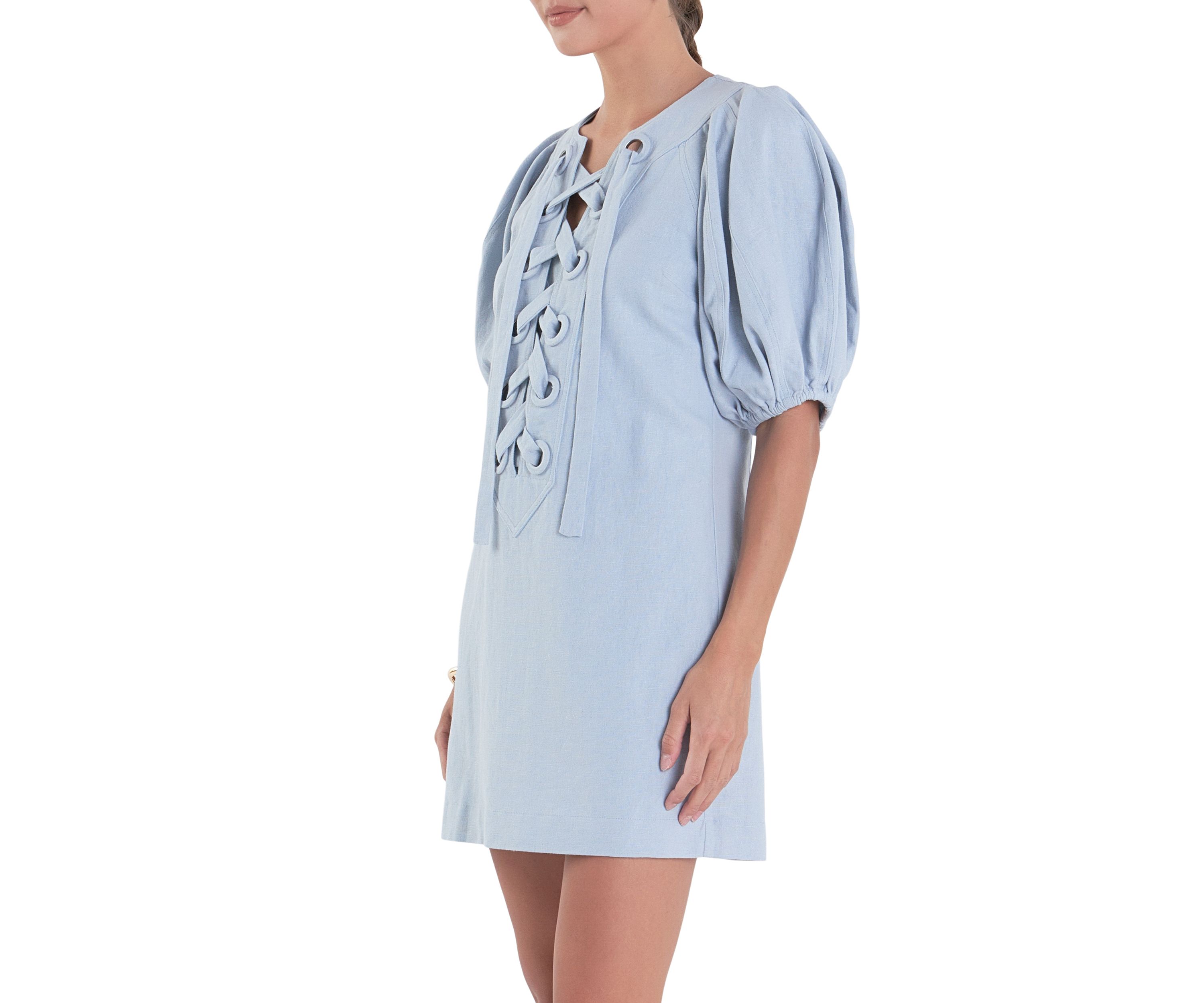 Laced Up Puffed Sleeve Mini Dress