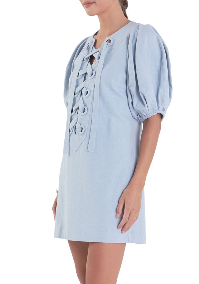 Laced Up Puffed Sleeve Mini Dress