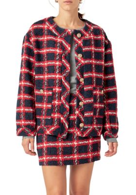 ENGLISH FACTORY Women's Plaid Boucle Jacket, Navy Blue, Small
