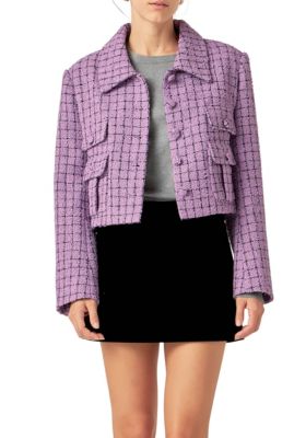 ENGLISH FACTORY Women's Collar Detail Tweed Jacket, Purple, Small