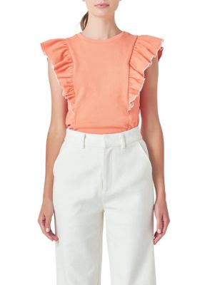 ENGLISH FACTORY Women's Contrast Merrow Detail Ruffled Knit Top, Small