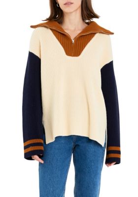 ENGLISH FACTORY Women's Stripe Knitted Half Zip up Sweater