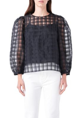 ENGLISH FACTORY Women's Plaid Organza Long Sleeve Top, Black, Large