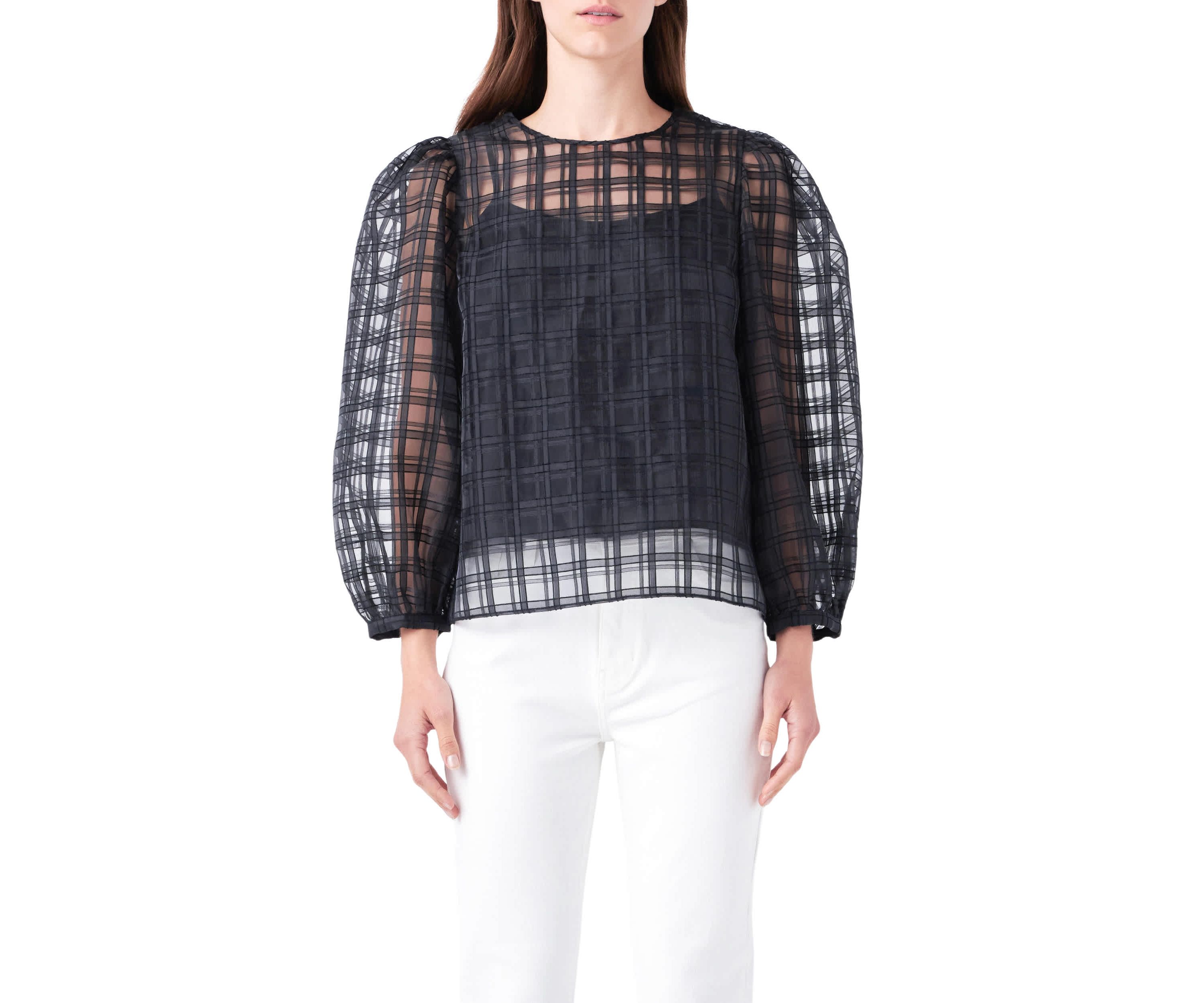 Plaid Organza Long Sleeve Top