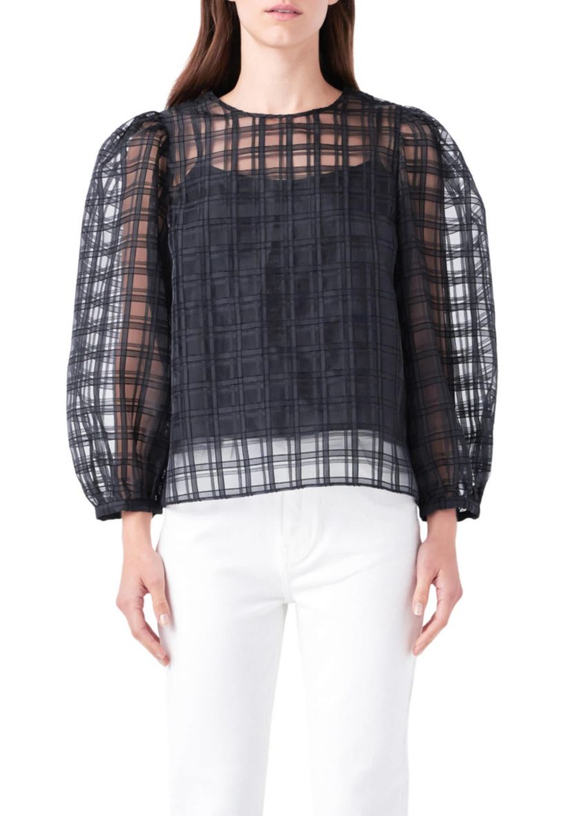 Plaid Organza Long Sleeve Top