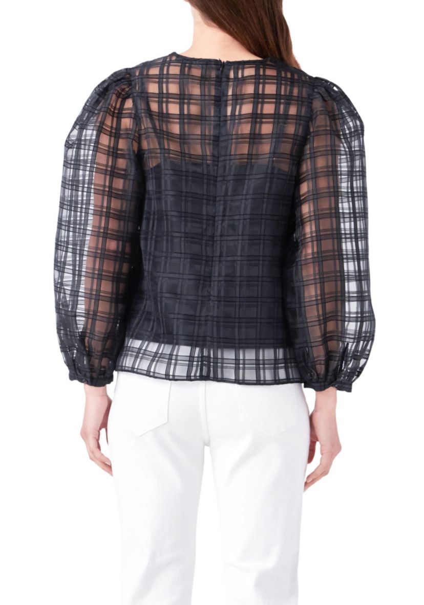 Plaid Organza Long Sleeve Top