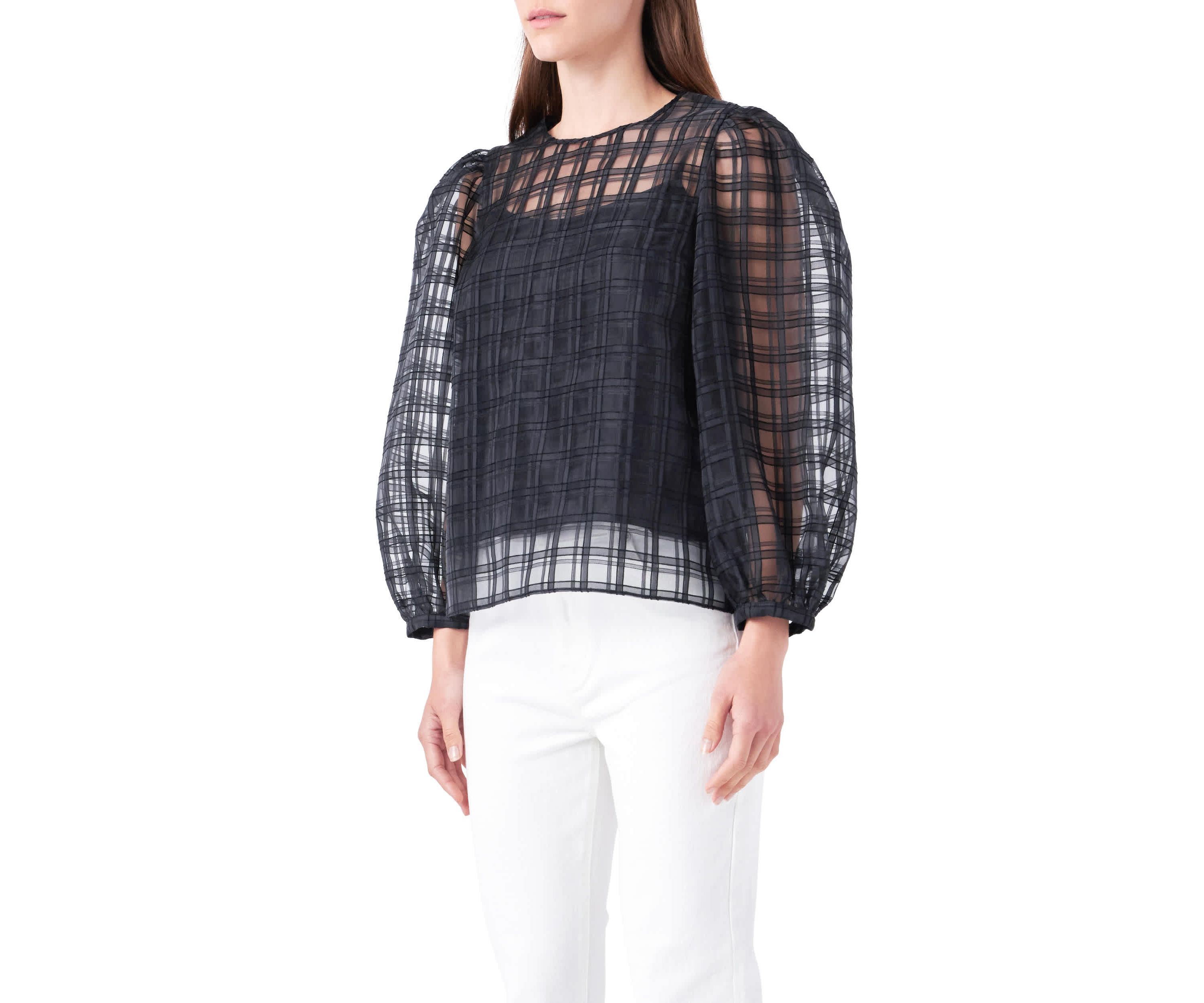Plaid Organza Long Sleeve Top