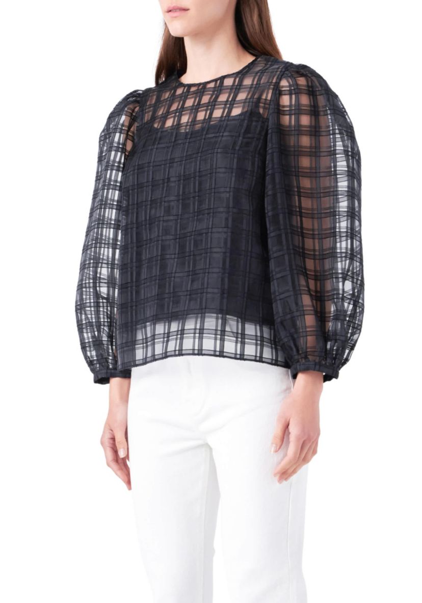 Plaid Organza Long Sleeve Top