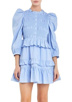 ENGLISH FACTORY Women's Smocking Detail Mini Dress, Blue, Large