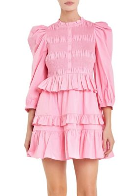 ENGLISH FACTORY Women's Smocking Detail Mini Dress, Pink, Small
