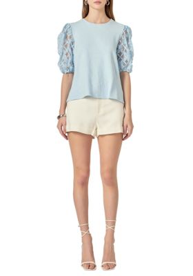 ENGLISH FACTORY Women's Floral Texture Sleeve Top, Blue, Medium