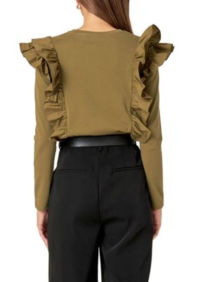 ENGLISH FACTORY Women's Poplin Ruffle Detail T-shirt, Large