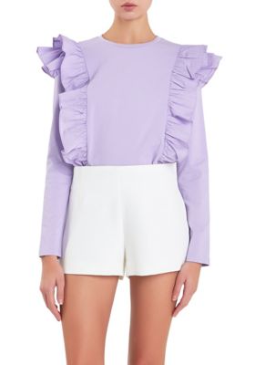 ENGLISH FACTORY Women's Poplin Ruffle Detail T-shirt, Lilac, Medium