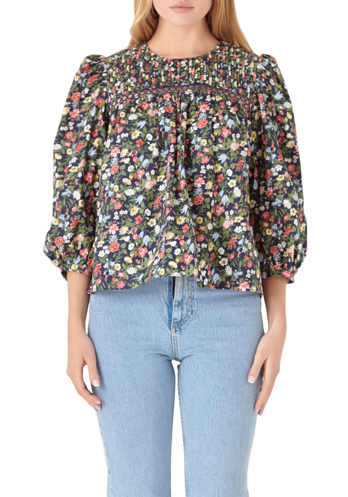Floral Print Pintuck Detail Top