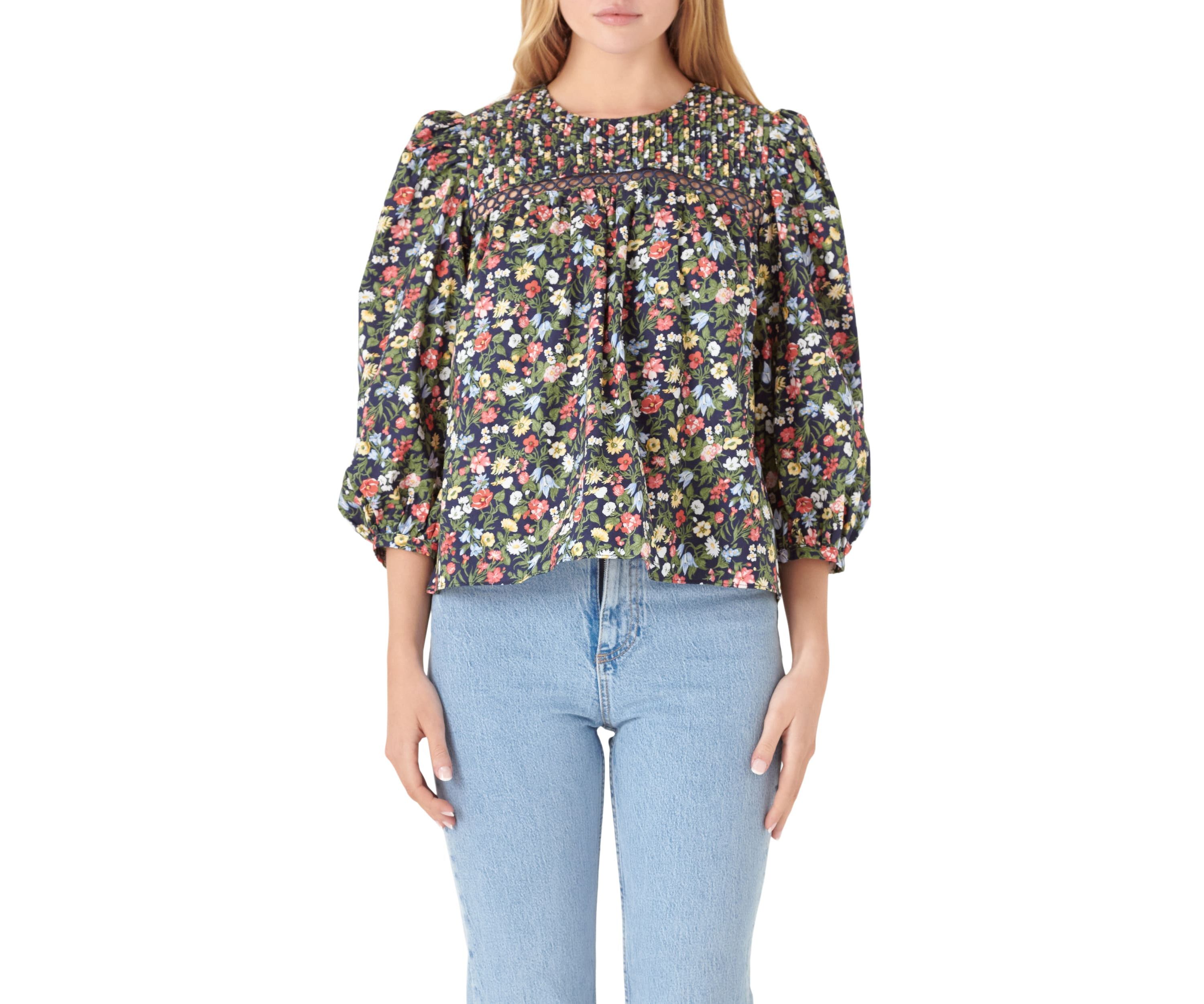 Floral Print Pintuck Detail Top