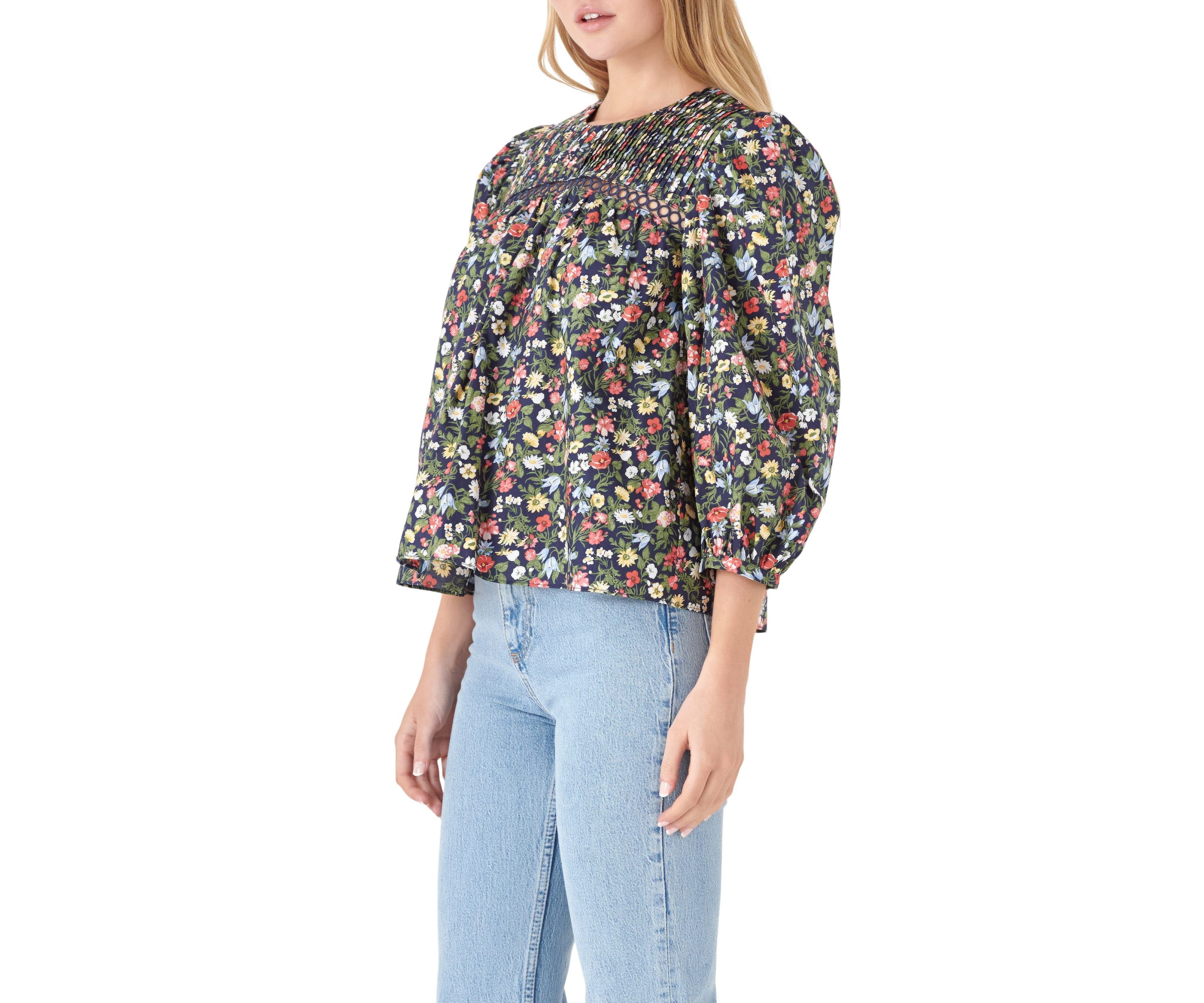 Floral Print Pintuck Detail Top