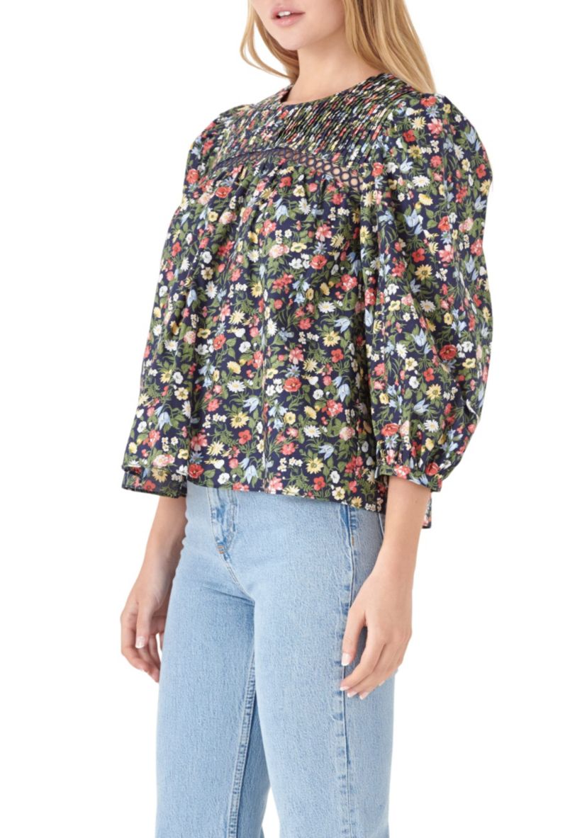 Floral Print Pintuck Detail Top