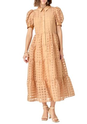 ENGLISH FACTORY Women's Gridded Organza Tiered Maxi Dress, Medium