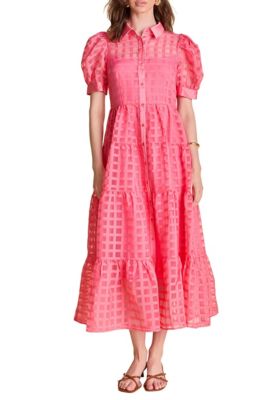 ENGLISH FACTORY Women's Gridded Organza Tiered Maxi Dress, Coral, Medium
