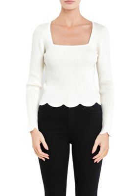 ENGLISH FACTORY Women's Scallop Hem Long Sleeve Sweater, Medium