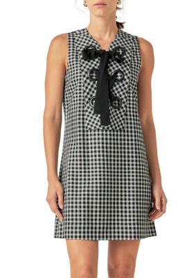 ENGLISH FACTORY Women's Check Sleeveless Grommet Mini Dress, Black, Small