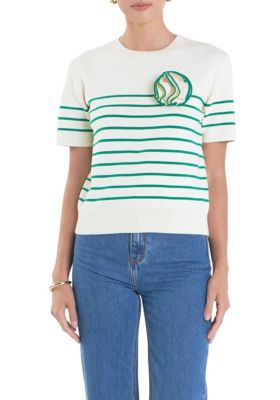 ENGLISH FACTORY Women's Striped Knit Sweater with Flower Applique, Small