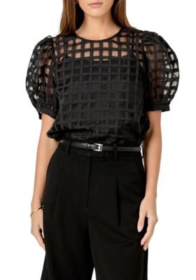 ENGLISH FACTORY Women's Plaid Sheer Puff Sleeve Top, Black, Large
