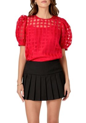 ENGLISH FACTORY Women's Plaid Sheer Puff Sleeve Top, Red, Large