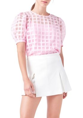 ENGLISH FACTORY Women's Plaid Sheer Puff Sleeve Top, Pink, Large