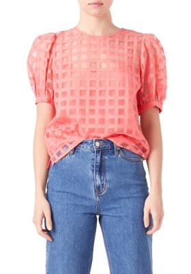 ENGLISH FACTORY Women's Plaid Sheer Puff Sleeve Top, Coral, Medium