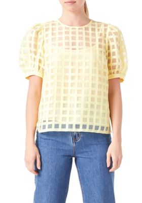 ENGLISH FACTORY Women's Plaid Sheer Puff Sleeve Top, Yellow, Large