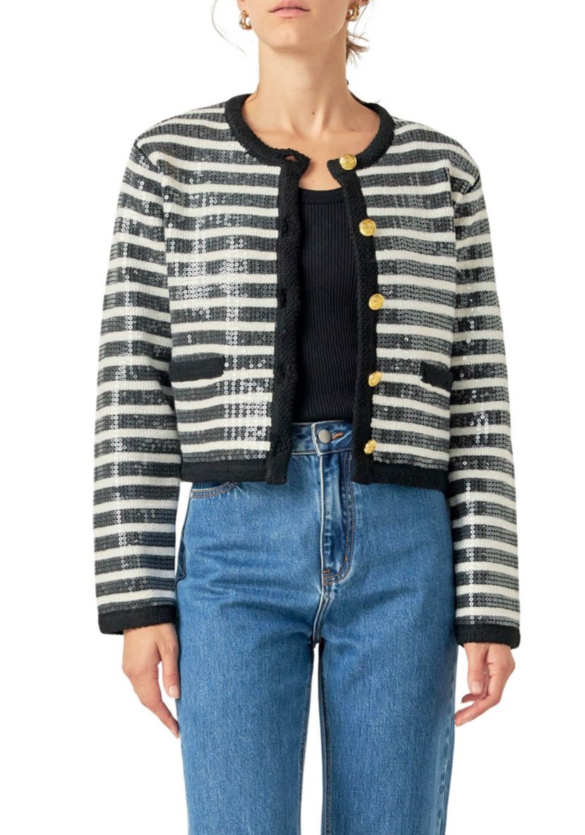 Sequin Striped Knit Cardigan