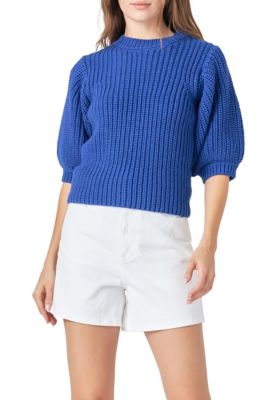 ENGLISH FACTORY Women's Round-neck Short Sleeve Knit Sweater, Blue, Large
