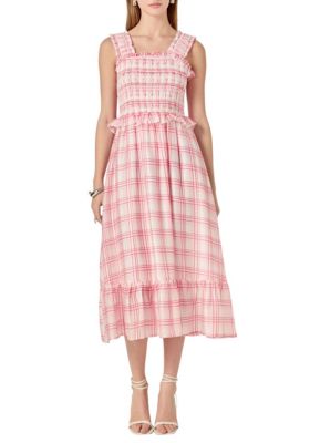 ENGLISH FACTORY Women's Plaid Ruffled Midi Dress, Red, Medium