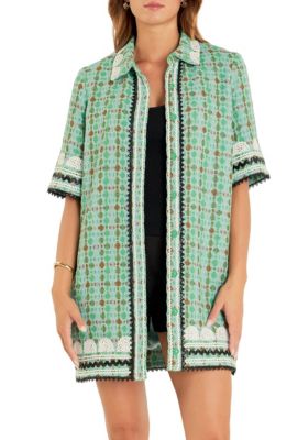 ENGLISH FACTORY Women's Boucle Mini Shirt Dress With Ric Rac Trim, Mint, Medium