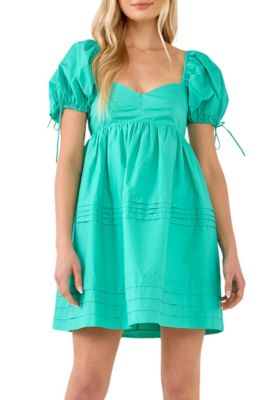 ENGLISH FACTORY Women's Pleated Detail Puff Sleeve Mini Dress, Large
