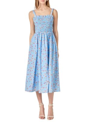 ENGLISH FACTORY Women's Floral Print Smocked Dress, Blue, Large