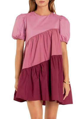 ENGLISH FACTORY Women's Asymmetrical Colorblock Puff Sleeve Dress, Medium